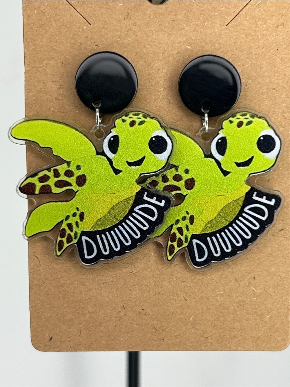 Green Turtle "Duuuuude" Statement Stud Earrings Fashion Jewelry
